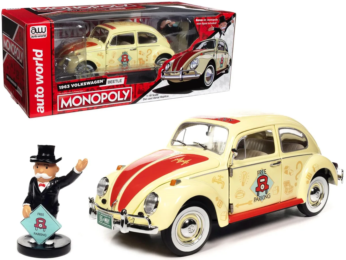 auto world auto world AWSS141 1963 VW Beetle Yukon Yellow Monopoly Free Parking 1/18 hobby collectible — product photo