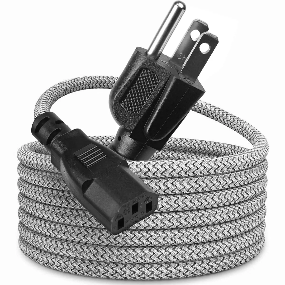  upHere 10FT 3M Nylon Braided AC Power Extension Cord 10A 18AWG 250V UL Listed 3 Prong Grey — product photo