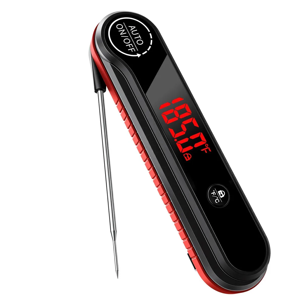 Red foldable probe thermometer with rotating display