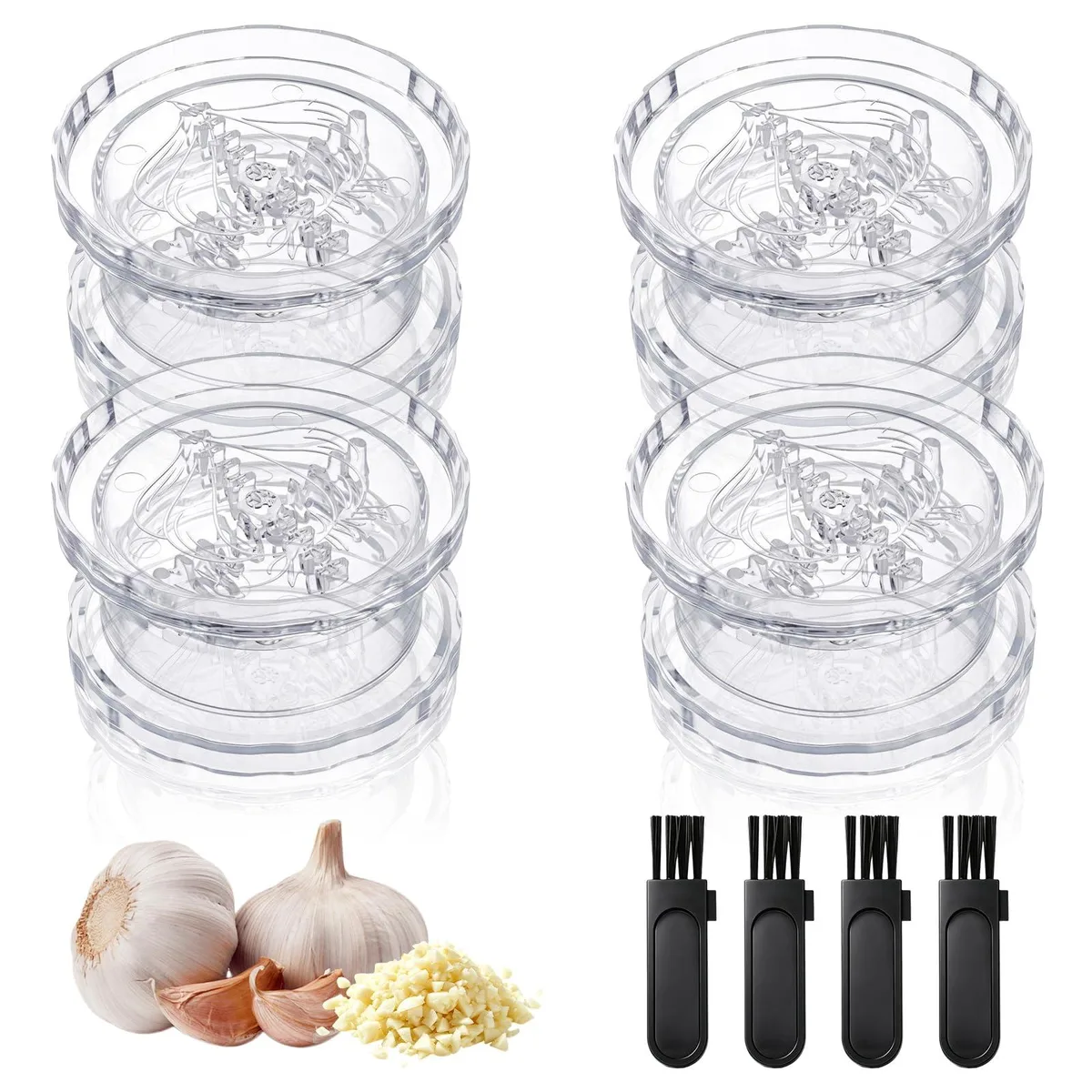 Clear cylindrical garlic twister with interlocking teeth, includes cleaning brush