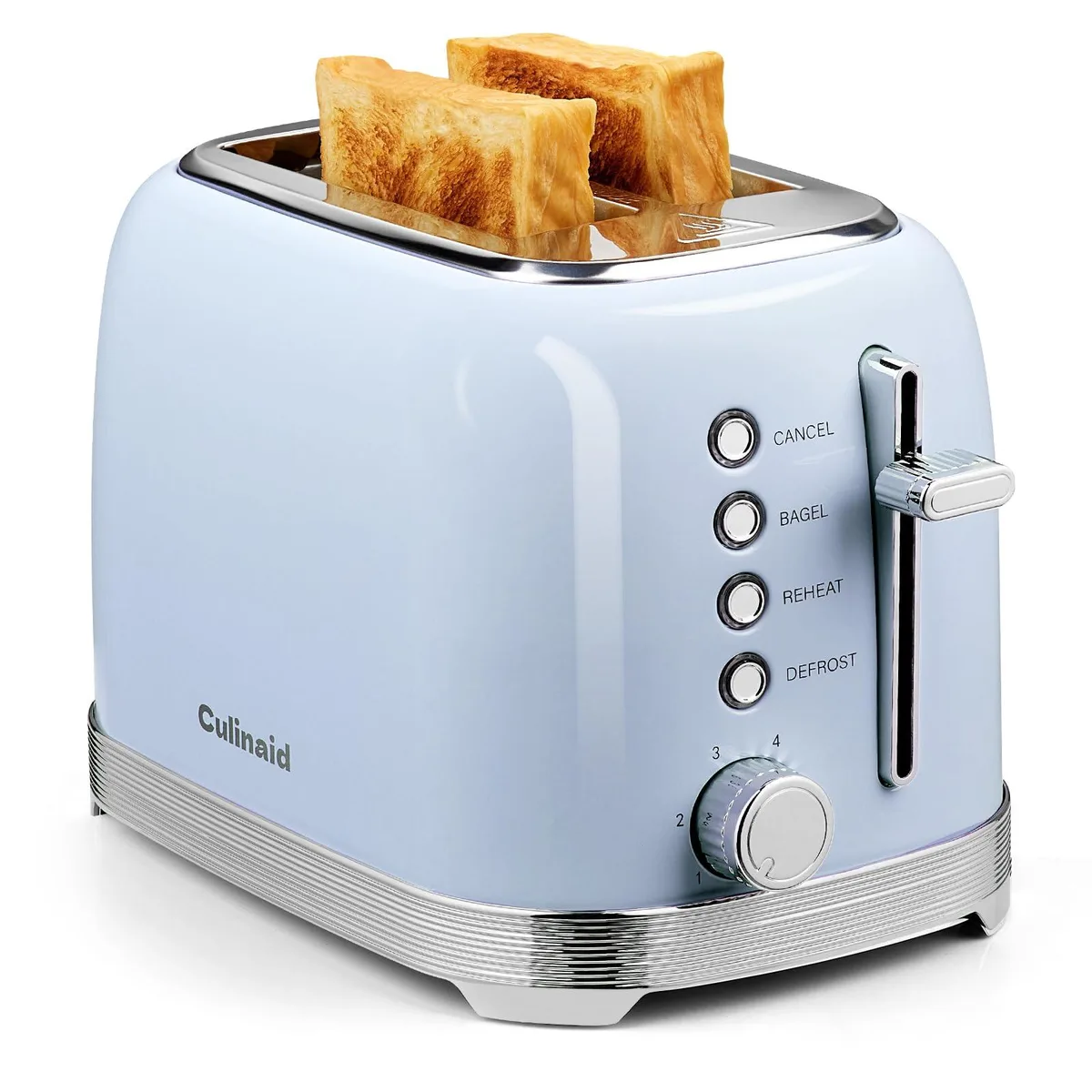Blue retro two-slice toaster with stainless steel body and 1.5 inch slots