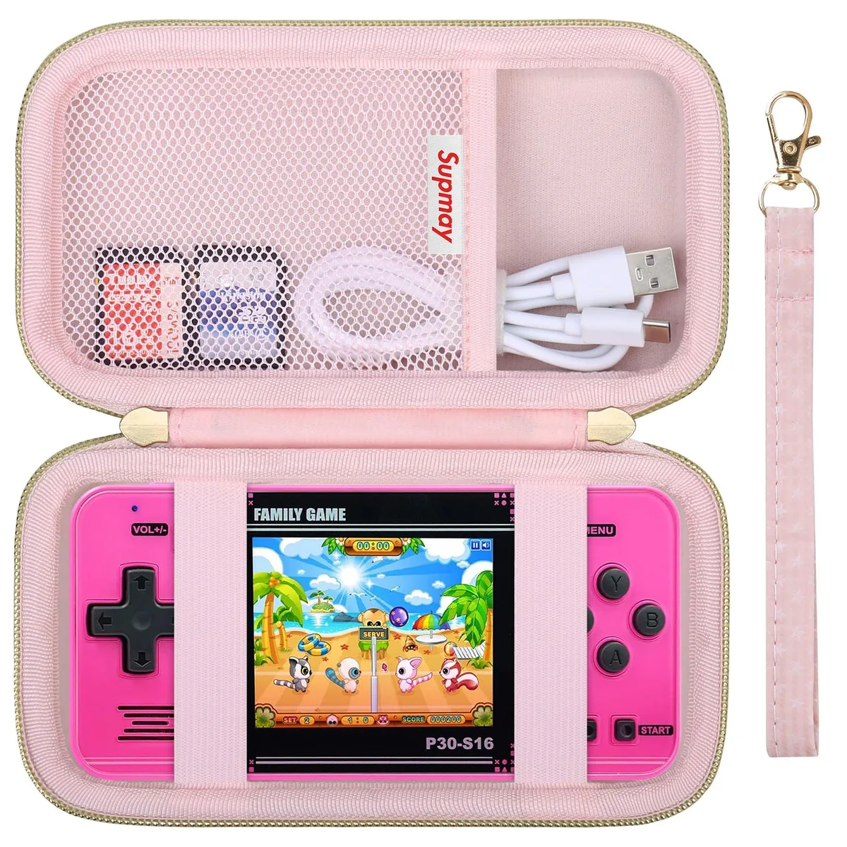 Pink semi-rigid EVA carrying case with double zipper, mesh pocket, elastic bands and detachable handle