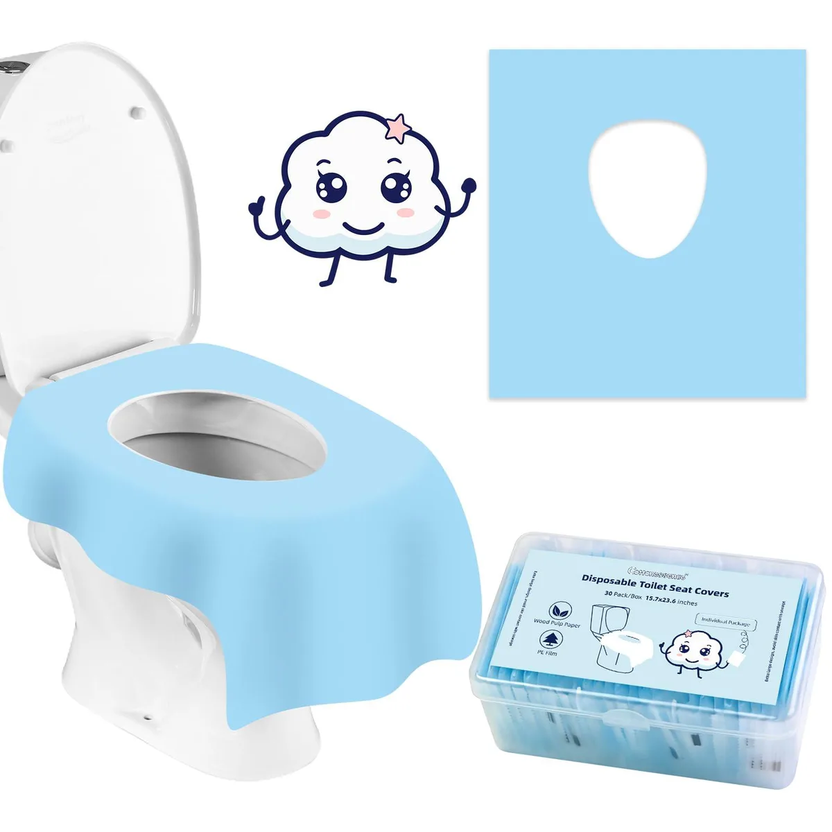 A white rectangular stack of 30 individually wrapped disposable toilet seat covers in small pouches