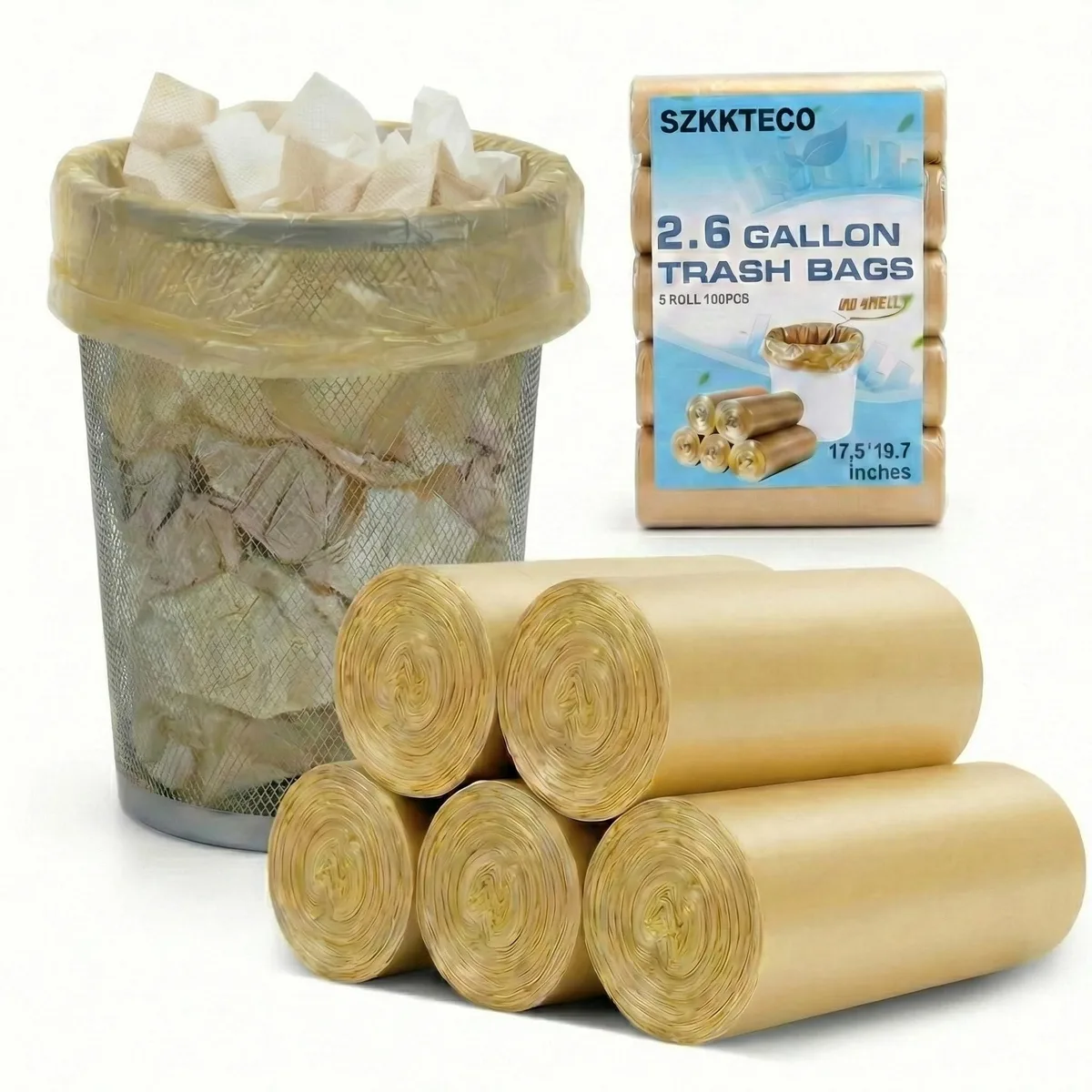 Five rolls of dark goldenrod small trash bags in a pack