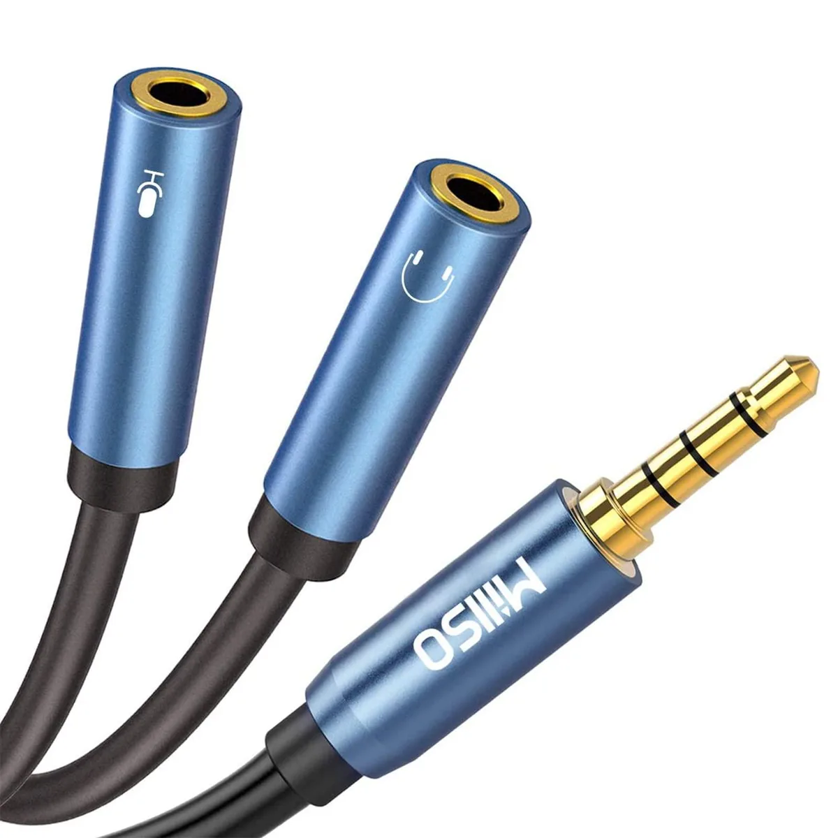 Sapphire-blue 3.5 mm TRRS male plug splitting to two TRS female jacks on a 30 cm tangle-free cable