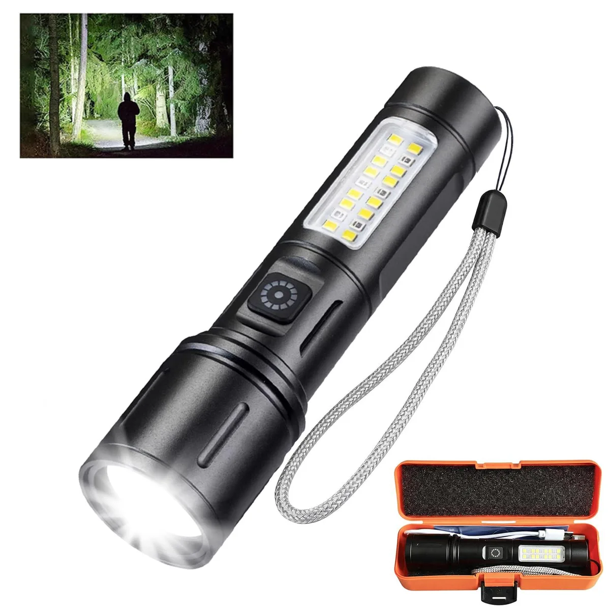 Compact aluminium flashlight with USB-C port and side light