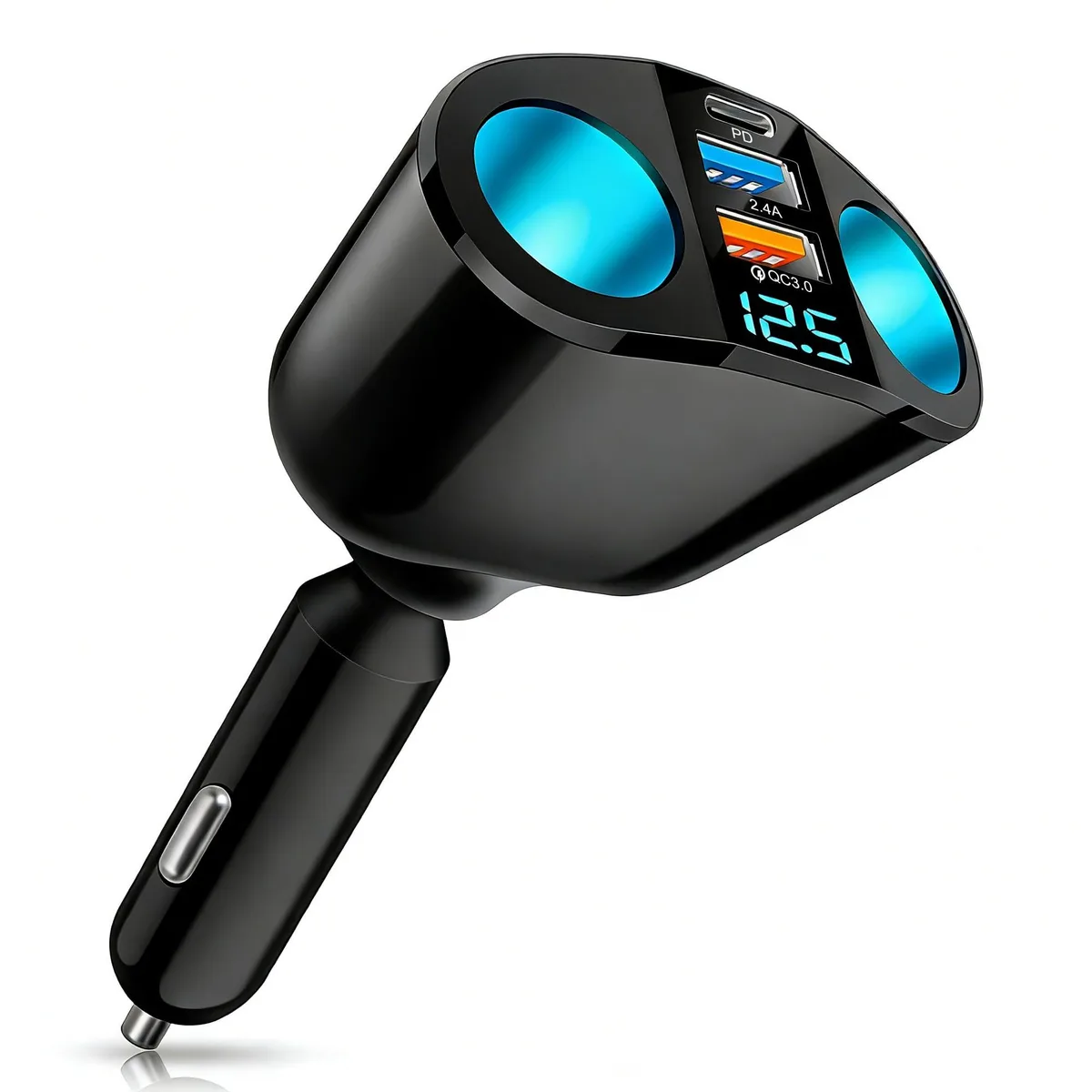 Black car charger adapter with two round sockets, three USB ports, LED voltage display, and a 360-degree swivel head