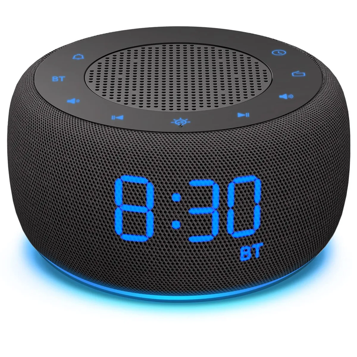 Small black rectangular digital clock with fabric front, 4.0 x 1.5 x 2.0 in