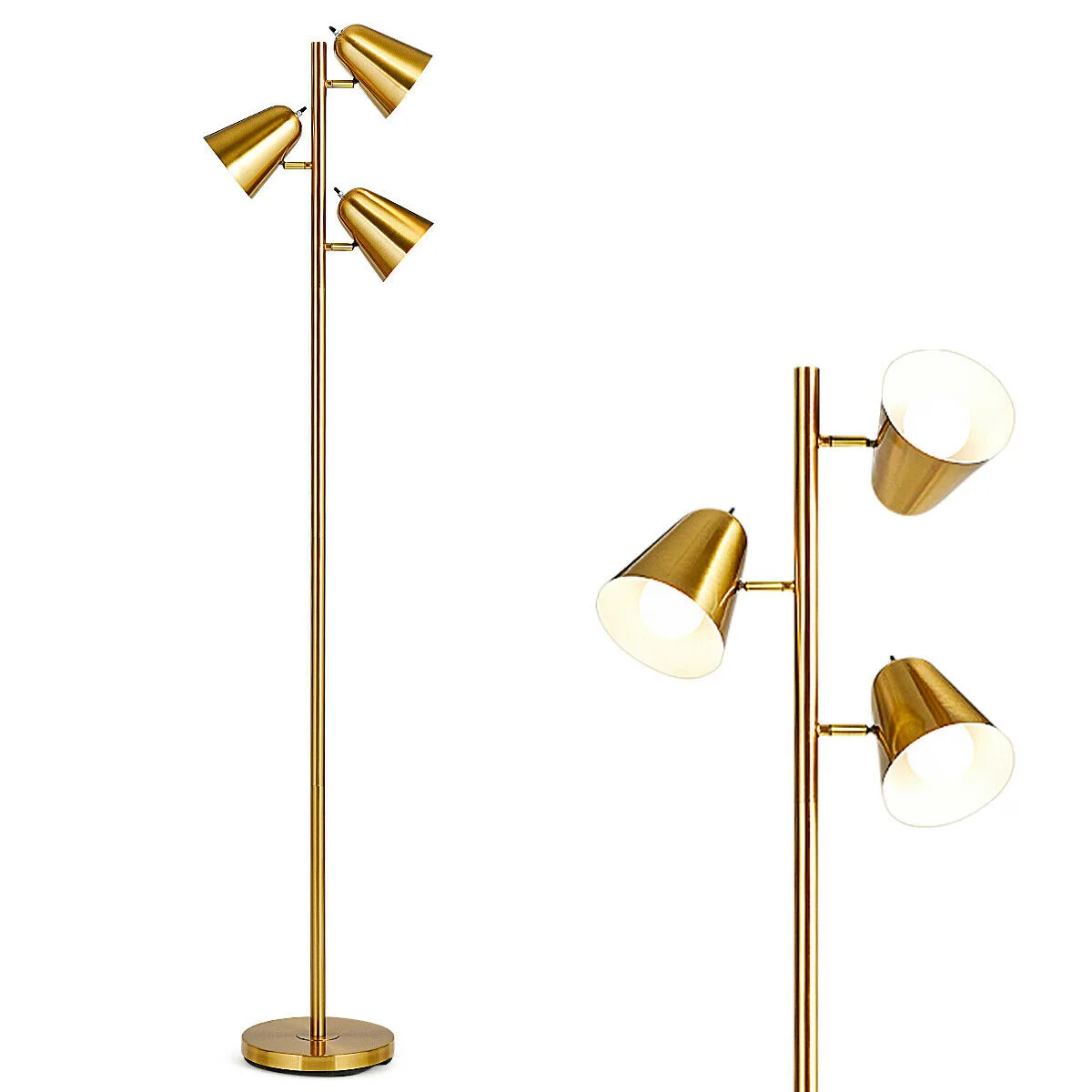 Antique brass floor lamp, 64 inches tall, three adjustable LED heads on a weighted base