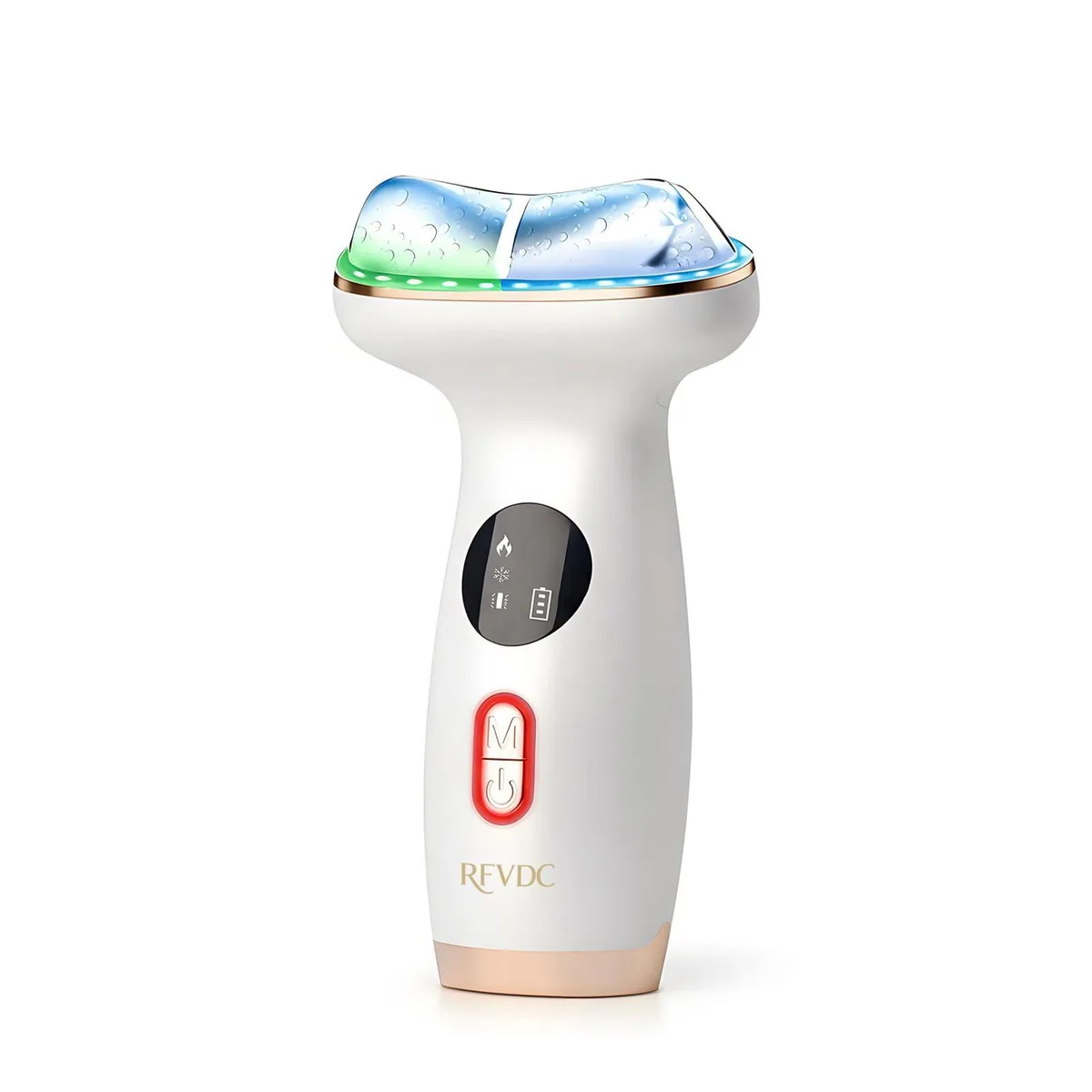 White handheld facial massager with curved metal head, plastic body, LED lights, 3.15 x 1.57 x 5.91 inches