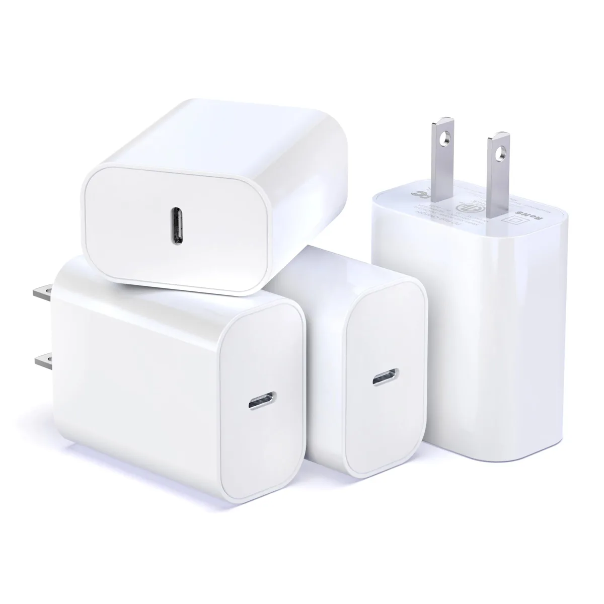 Four compact white USB-C wall chargers arranged together