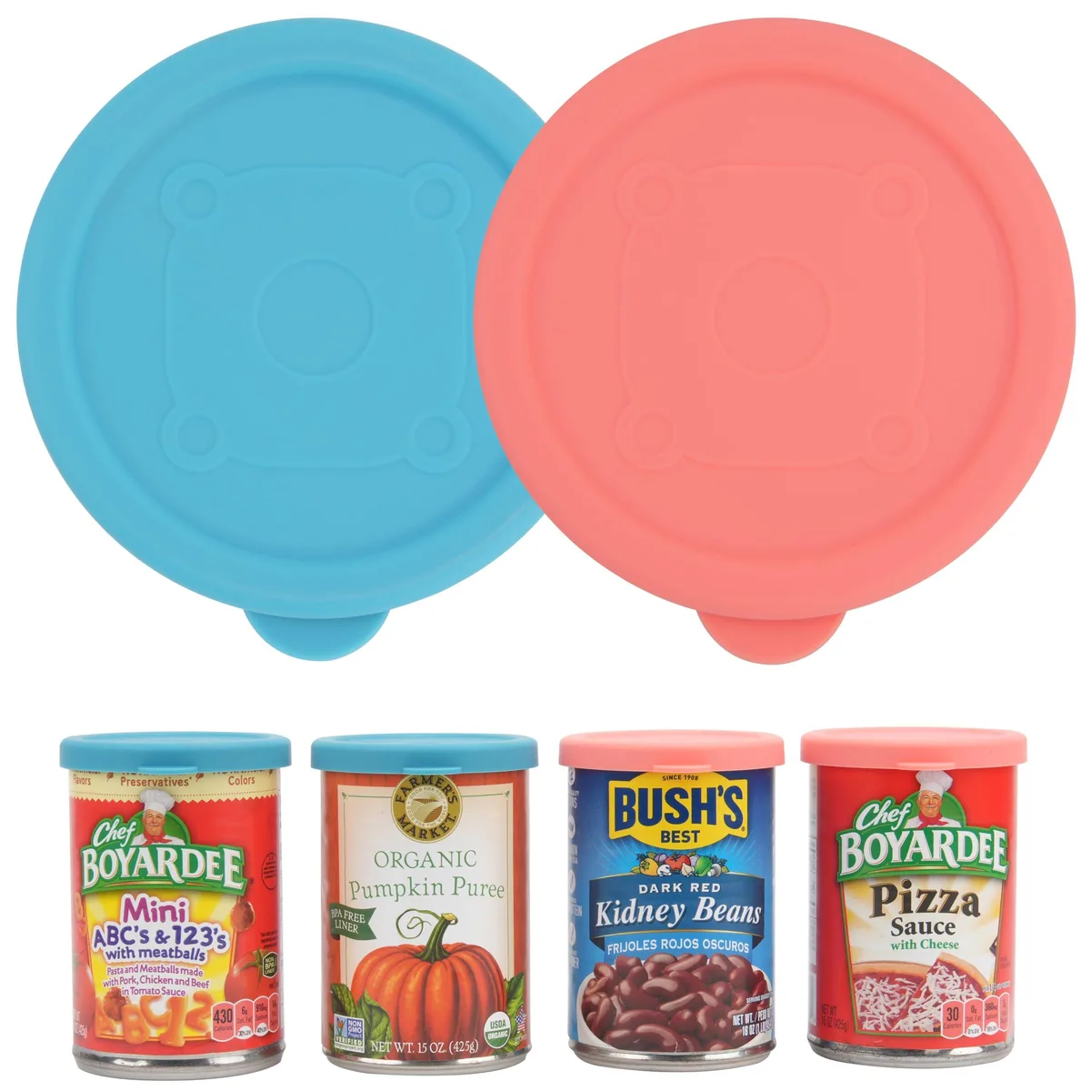 Two blue round silicone can lids 3.0-inch diameter