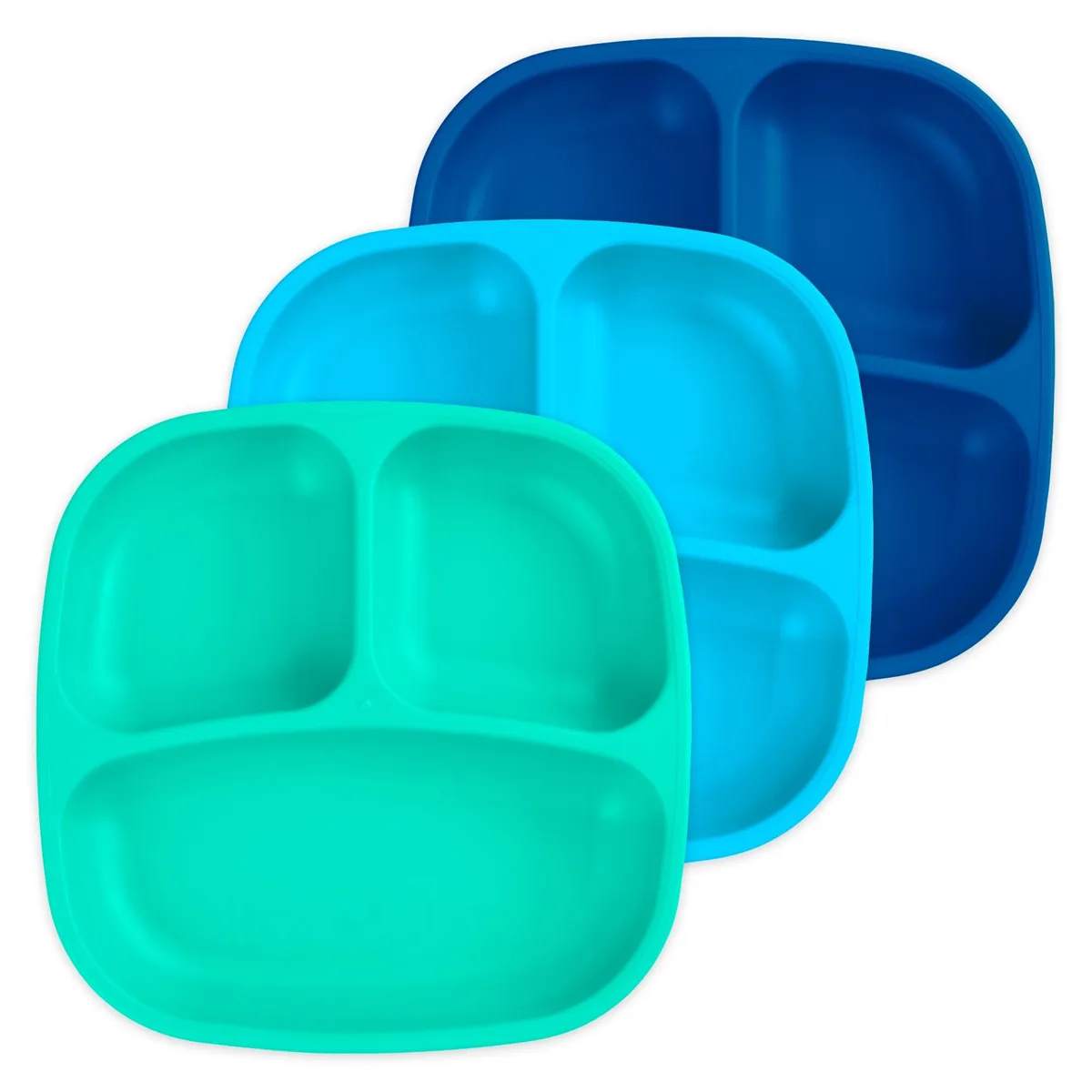 White rectangular plastic plate with three deep compartments, 7.5 inches square