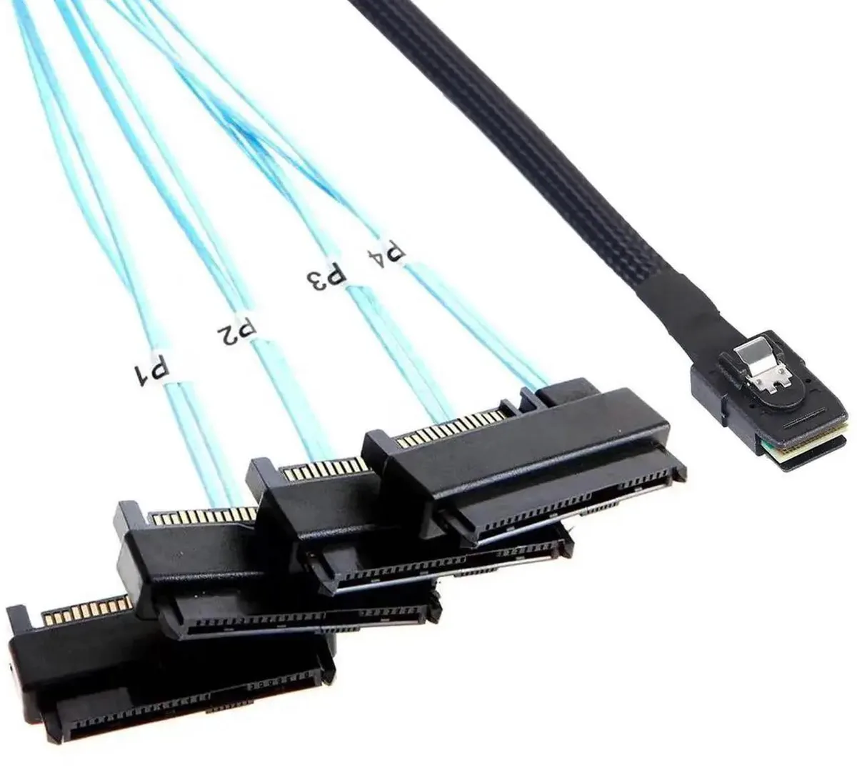 Two MiniSAS SFF8087 to four SAS SFF8482 cables with SATA power adapters, 3.3ft long
