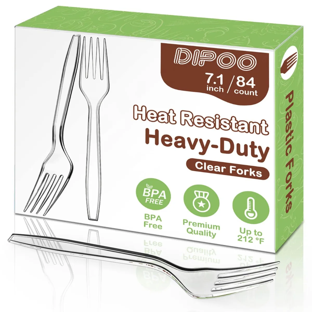 A clear plastic fork, 7.13 inches long, smooth tapered handle, four tines, lightweight disposable cutlery