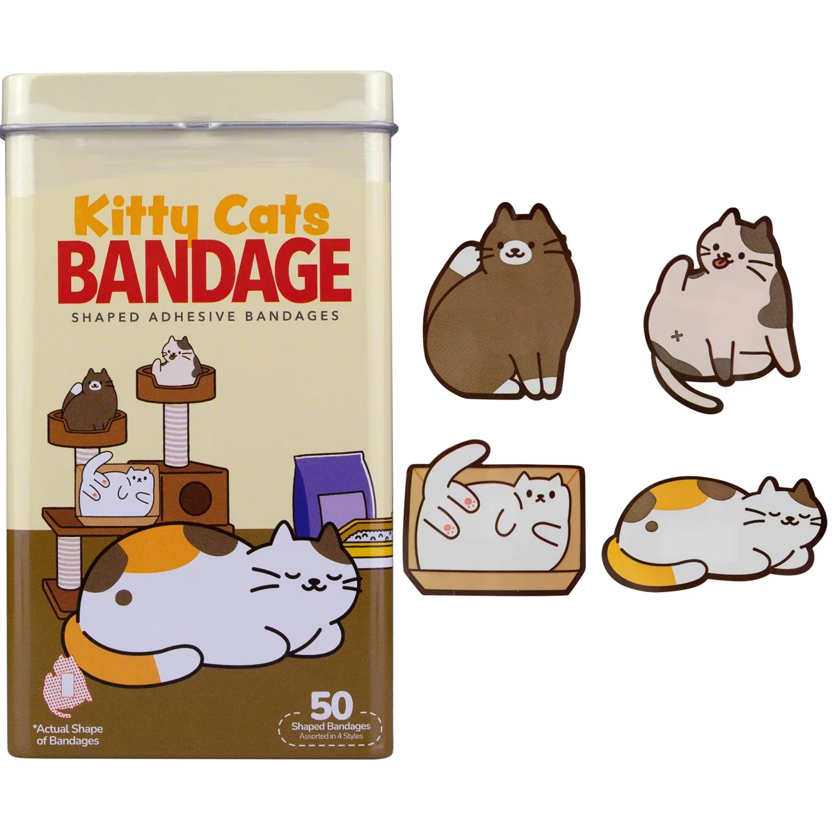 A metal tin containing fifty cat-shaped latex-free bandages in assorted designs