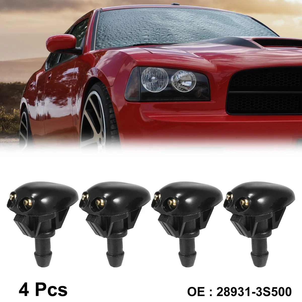 Four small black plastic windshield washer nozzles