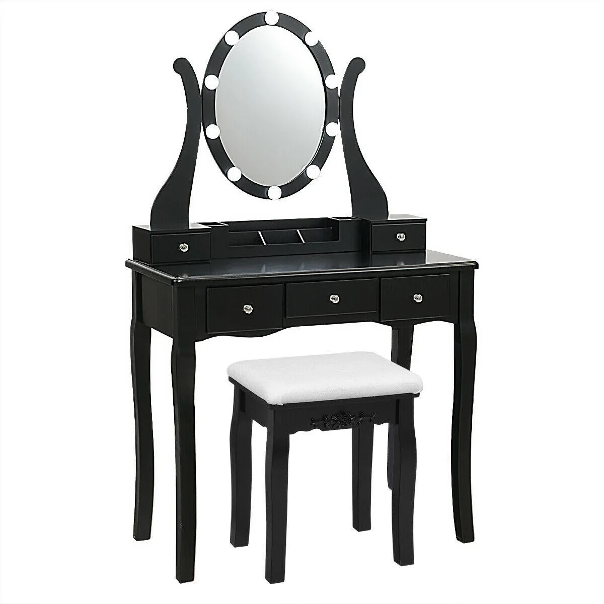 Black vanity table with lighted mirror, five drawers, ten dimmable LEDs and padded stool