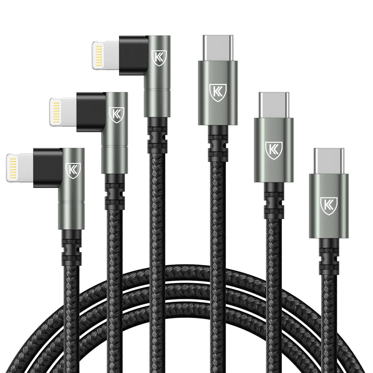 KEHIPI KEHIPI USB‑C to Lightning Cable 90° 6ft 3‑Pack Grey 3A 480Mbps — product photo
