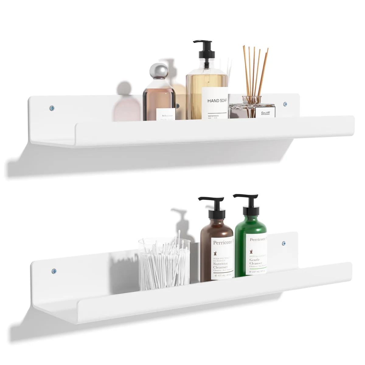 Two white 15-inch acrylic floating shelves with clear finish and front lip