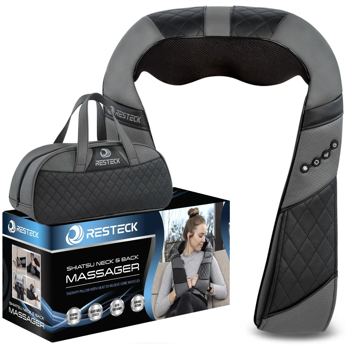 Black leather wrap-around neck massager with long arm straps and control panel