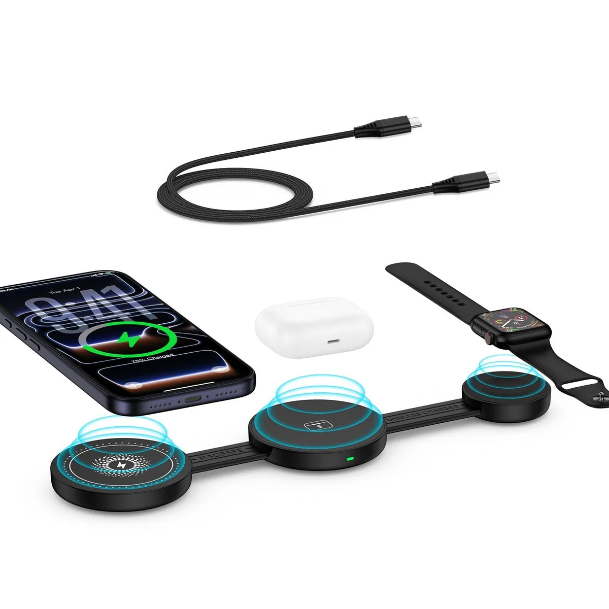Foldable 3-in-1 magnetic wireless charger in dark finish, open showing phone stand, watch puck and earbud pad