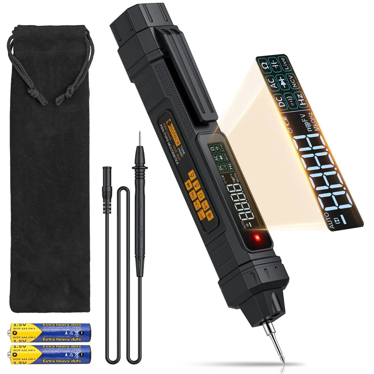 Slim pen-style multimeter with LCD display, grey finish, 185 x 26 x 29 mm, 81 g