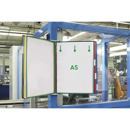 Wall-mounted display unit with ten A5 pockets in assorted colours