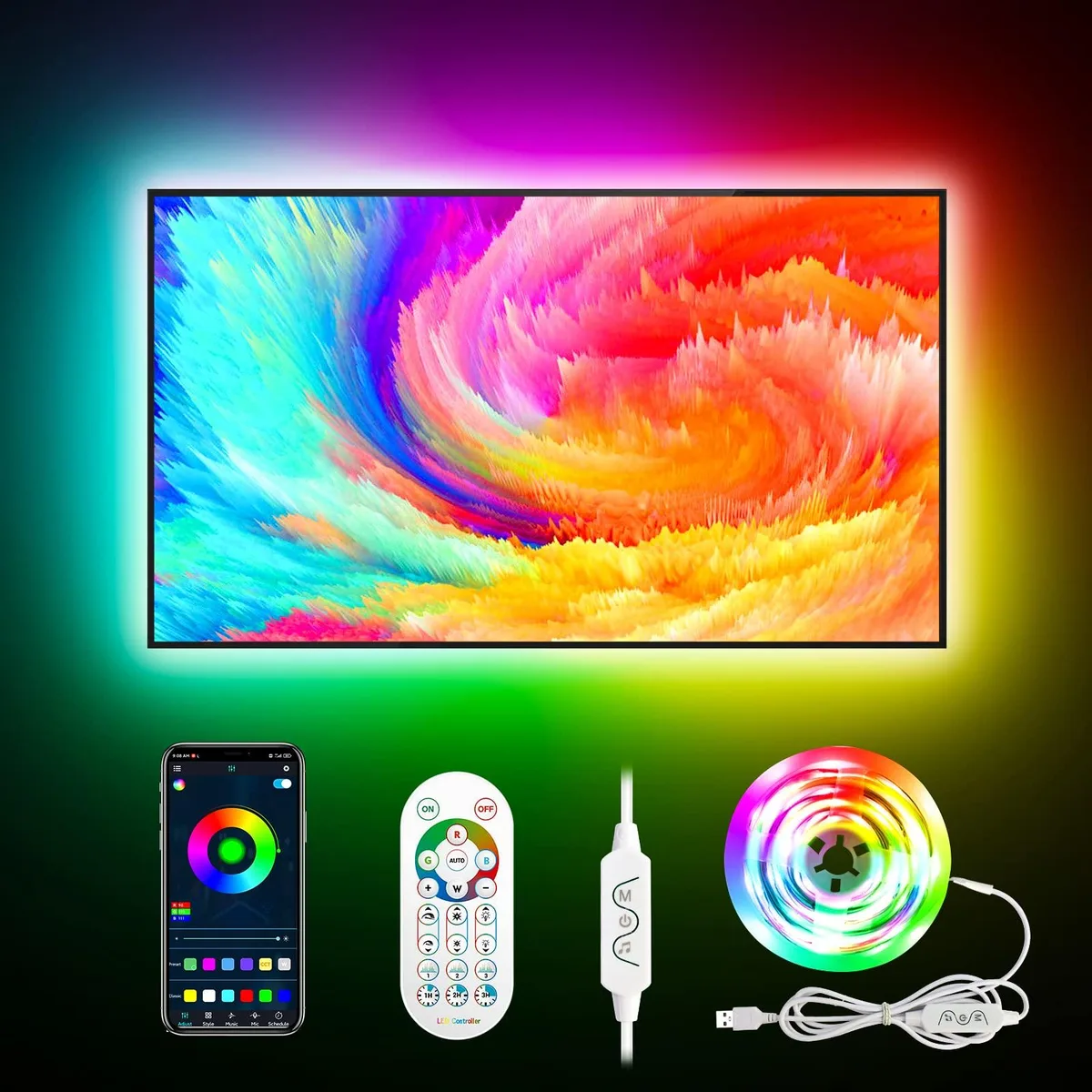Flexible white LED strip on a reel with a small controller box and remote