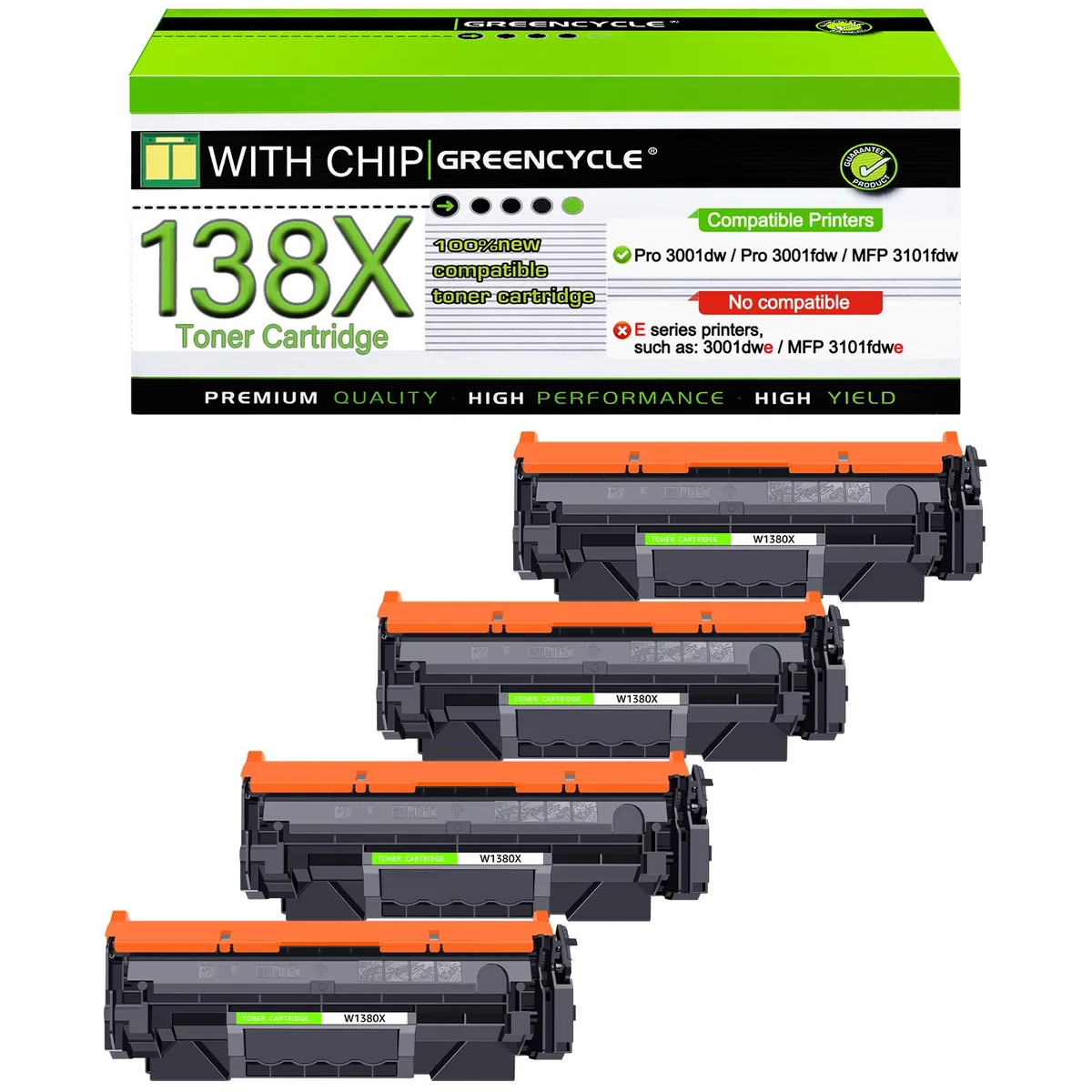 GREENCYCLE GREENCYCLE W1380X Black Toner Cartridge 4 Pack 4000 Pages — product photo
