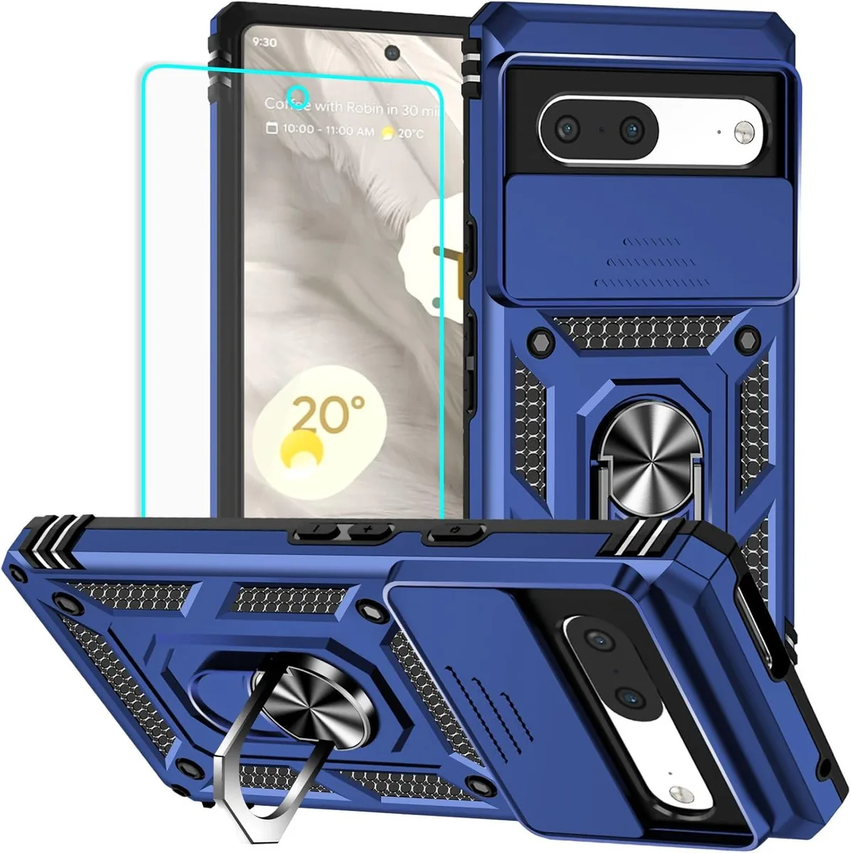 Blue Pixel 7 case with built-in screen protector and rotating ring kickstand