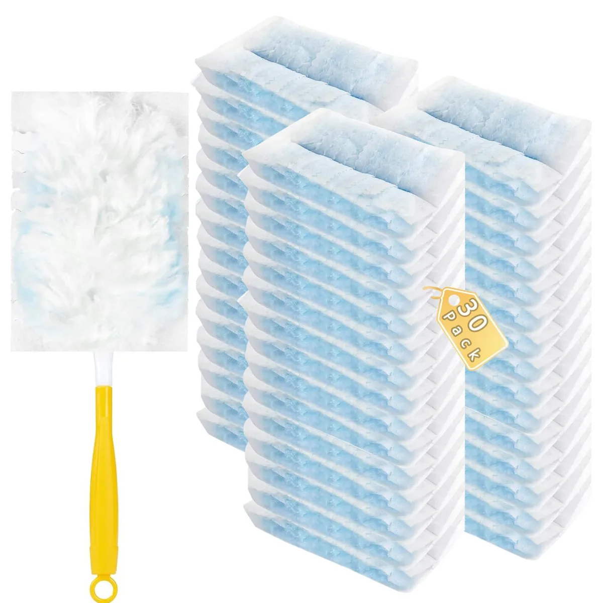 Thirty white microfiber duster refills and one light-coloured handle in a rectangular pack