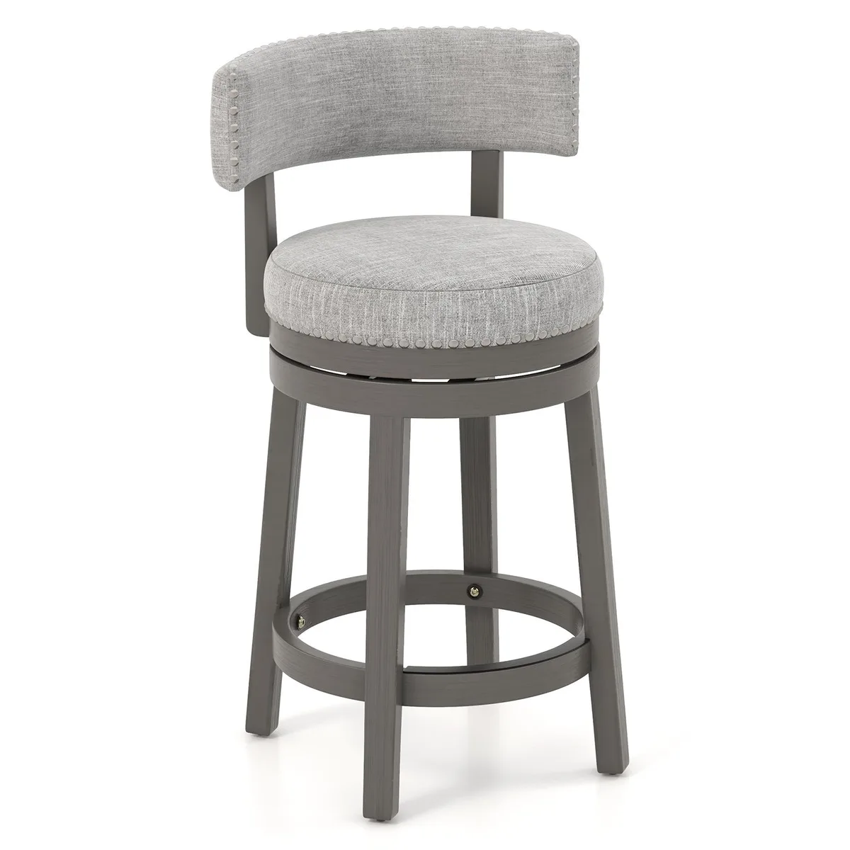 Gray upholstered swivel barstool with wooden legs and round footrest