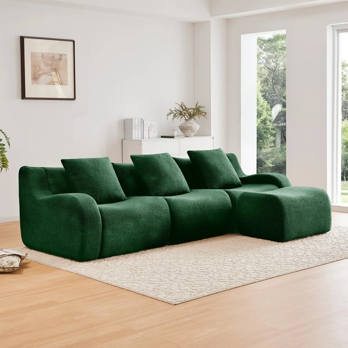Green teddy fabric modular sofa with curved armrests and chaise