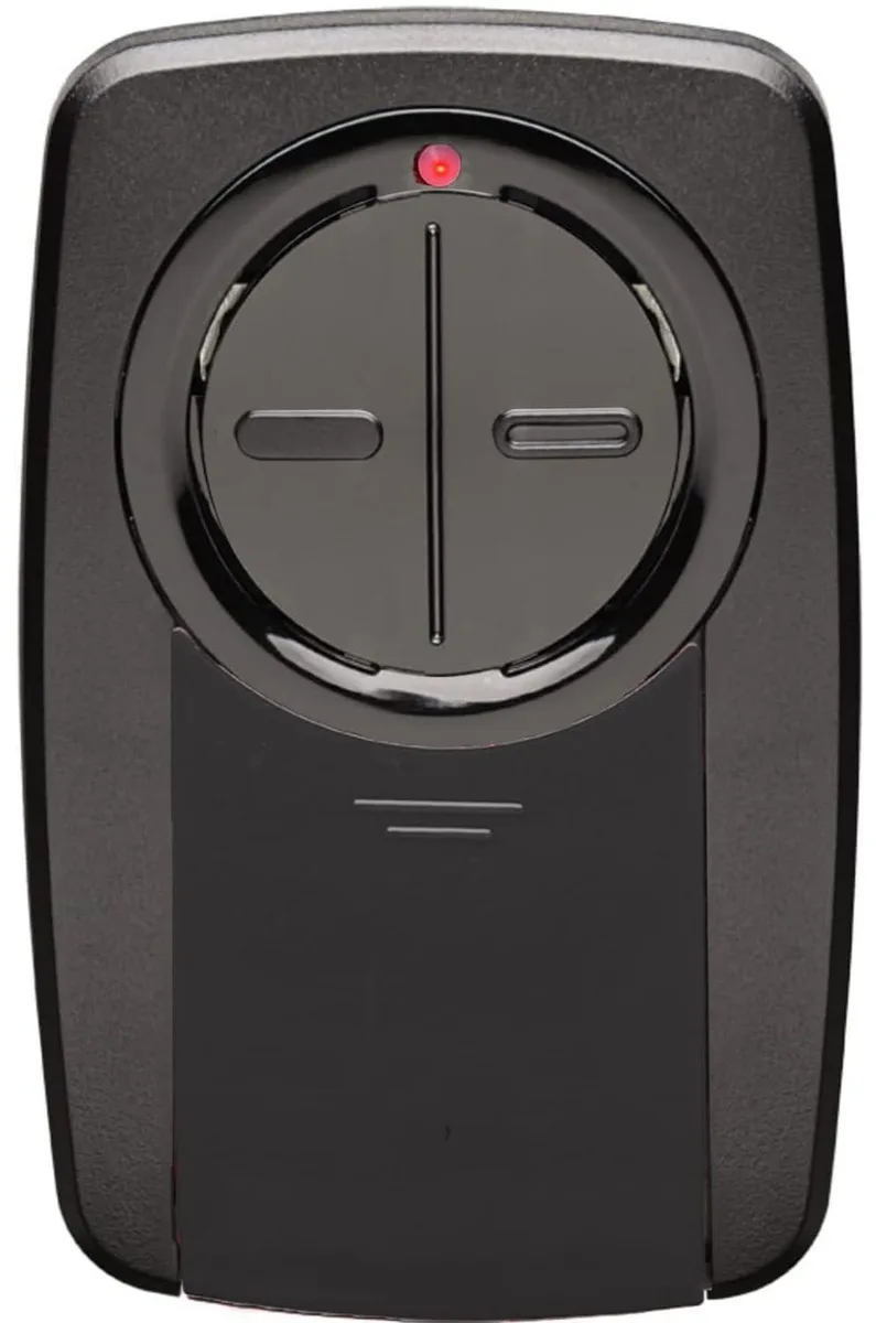 Compact two-button garage door remote with sleek finish and visor clip