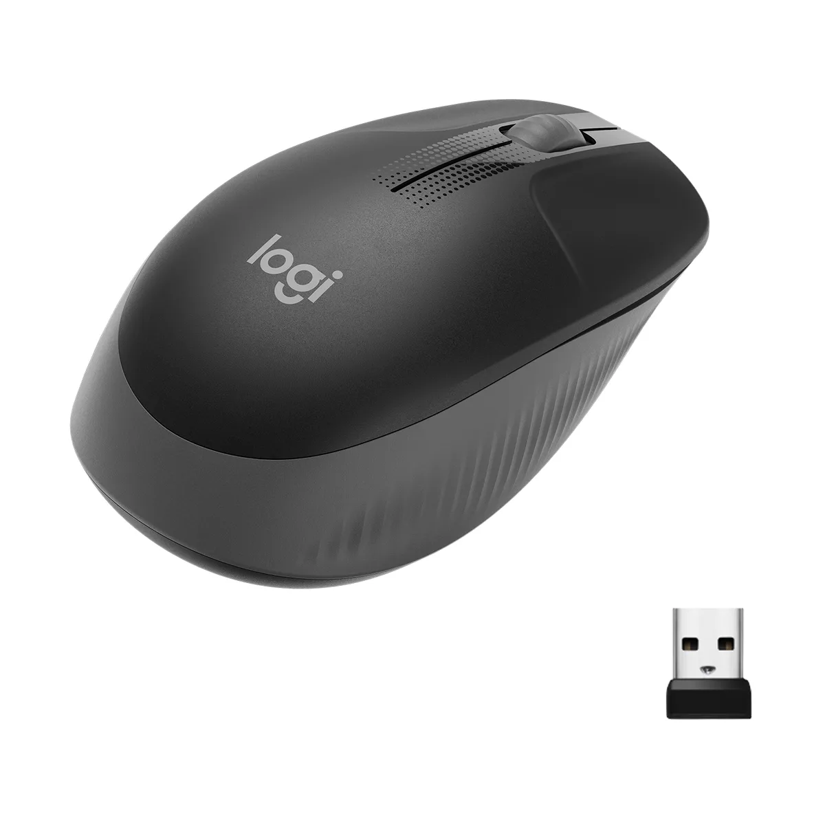 Charcoal wireless mouse with contoured shape and wide scroll wheel
