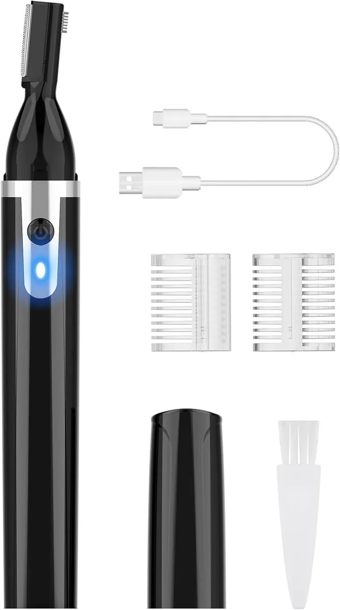 Black electric eyebrow trimmer with dual blades, three comb attachments, USB charging port