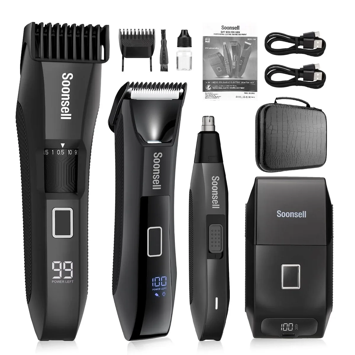 Black 4-in-1 grooming kit with foil shaver, trimmer attachments and LED display