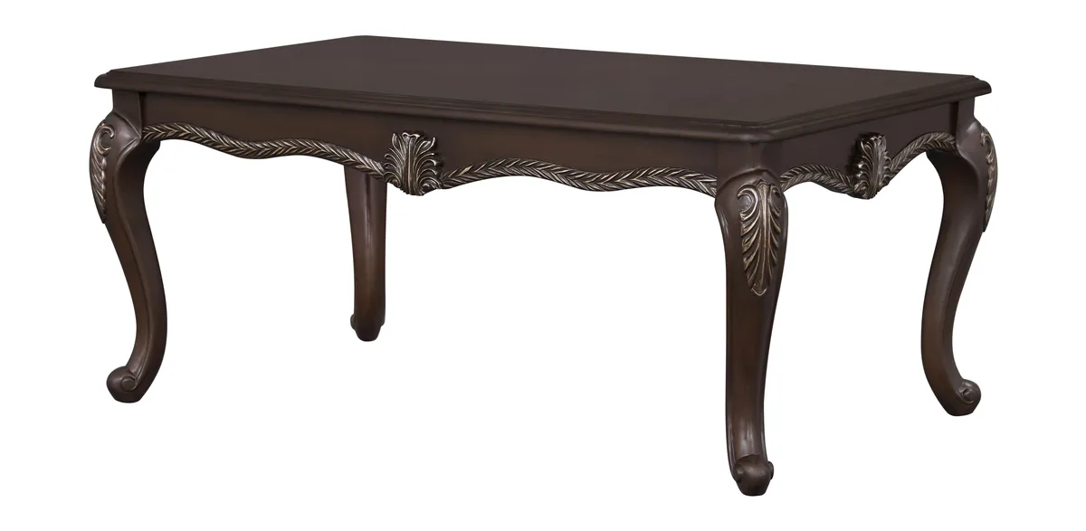 Rectangular cherry-finish coffee table with floral-trim apron and button-tufted top