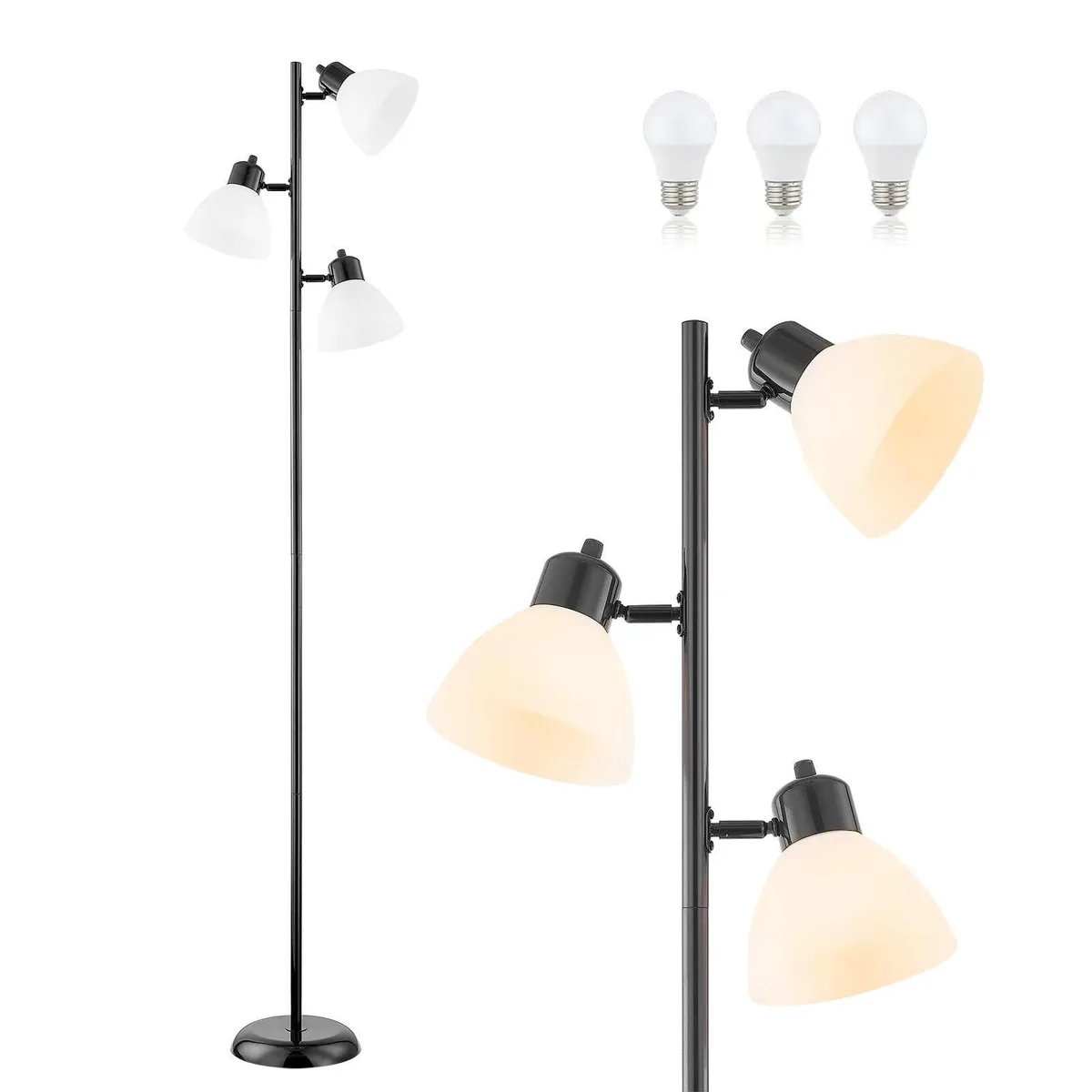 Tall black floor lamp with three adjustable heads on a 67 inch pole