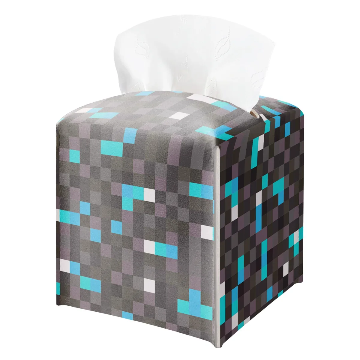 Square leather tissue box cover with pixel diamond ore design, 5.2 inches