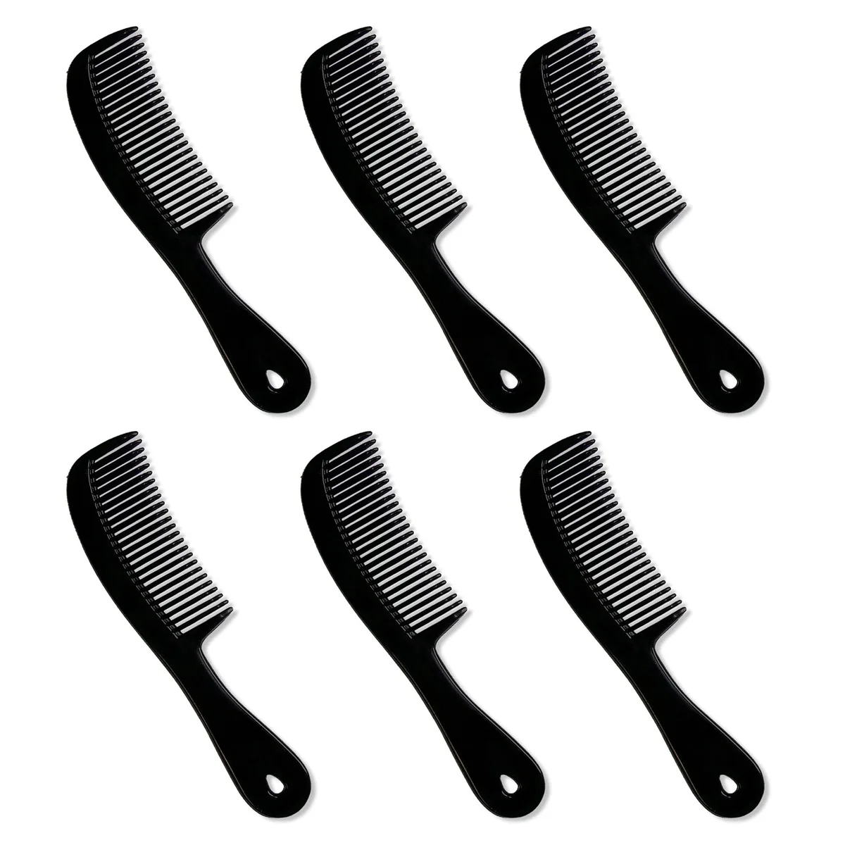 Six black plastic pocket combs with handles and fine teeth