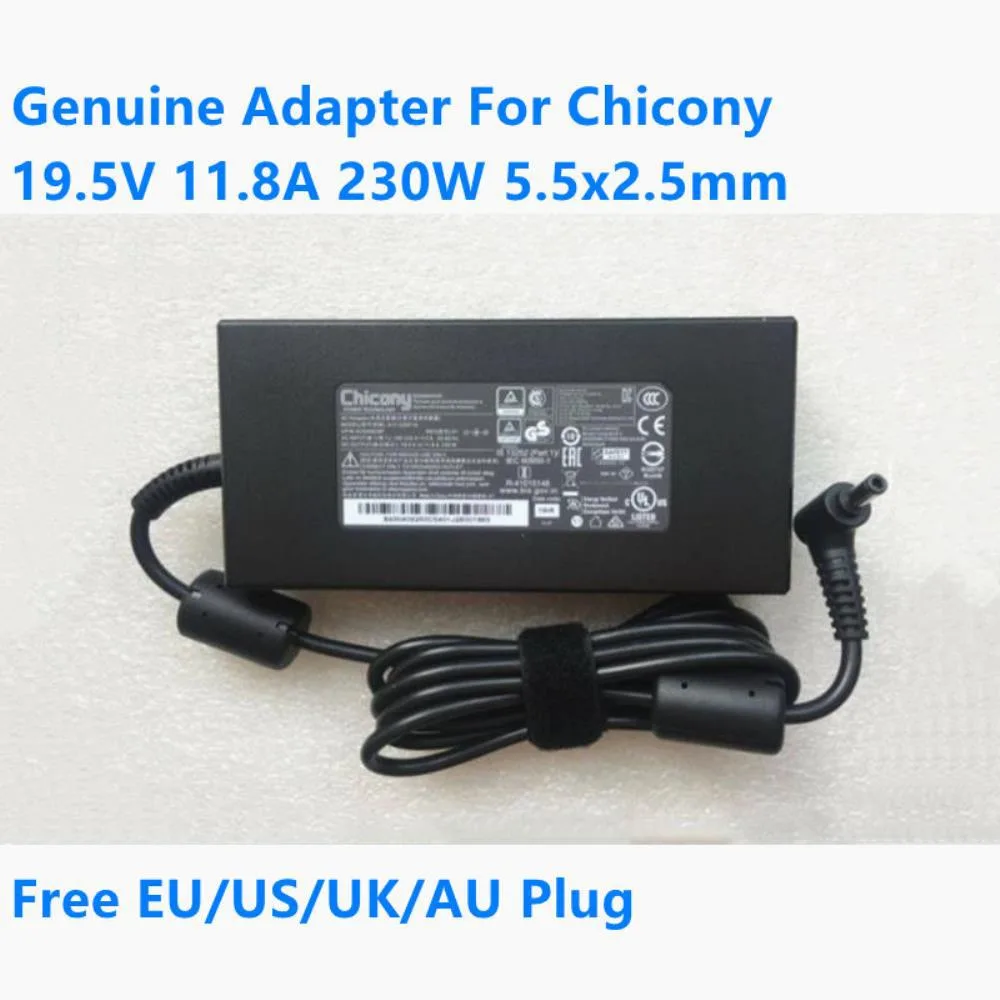 Black rectangular power brick with 5.5 by 2.5 mm barrel connector and detachable mains lead