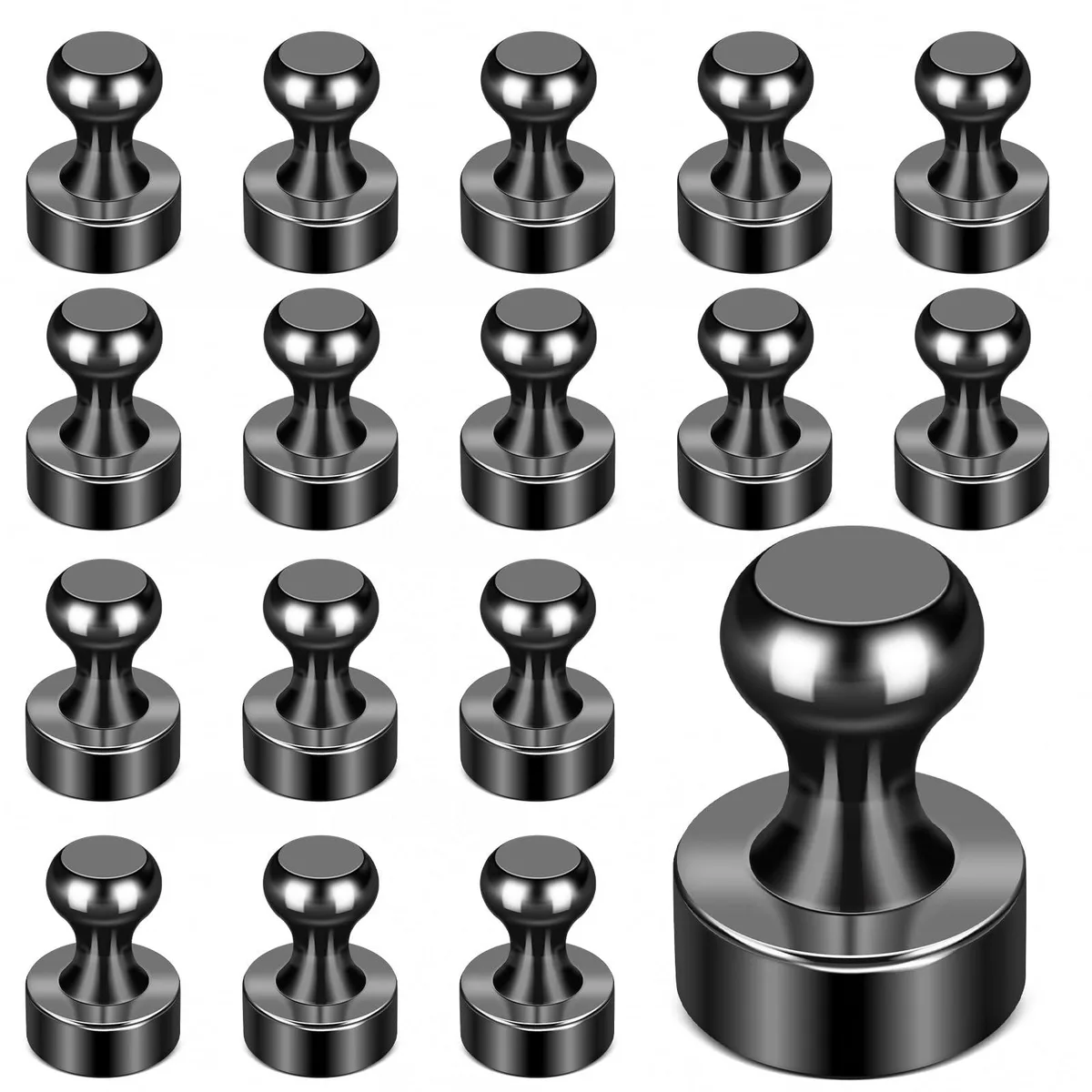 Eighteen small black round magnets in a pack