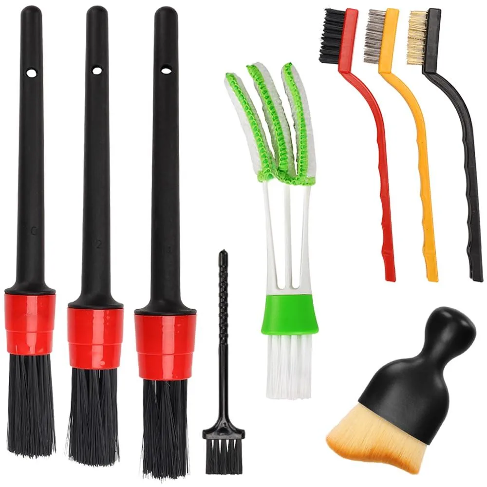 Nine car detailing brushes in a compact set with boar hair wire and yellow vent styles