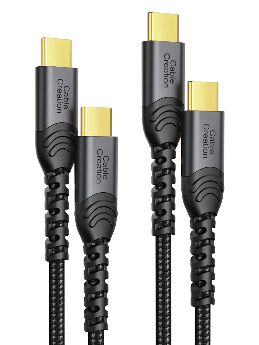 Two grey double-braided USB-C cables, male-to-male, 6.6 ft each, gold-plated connectors