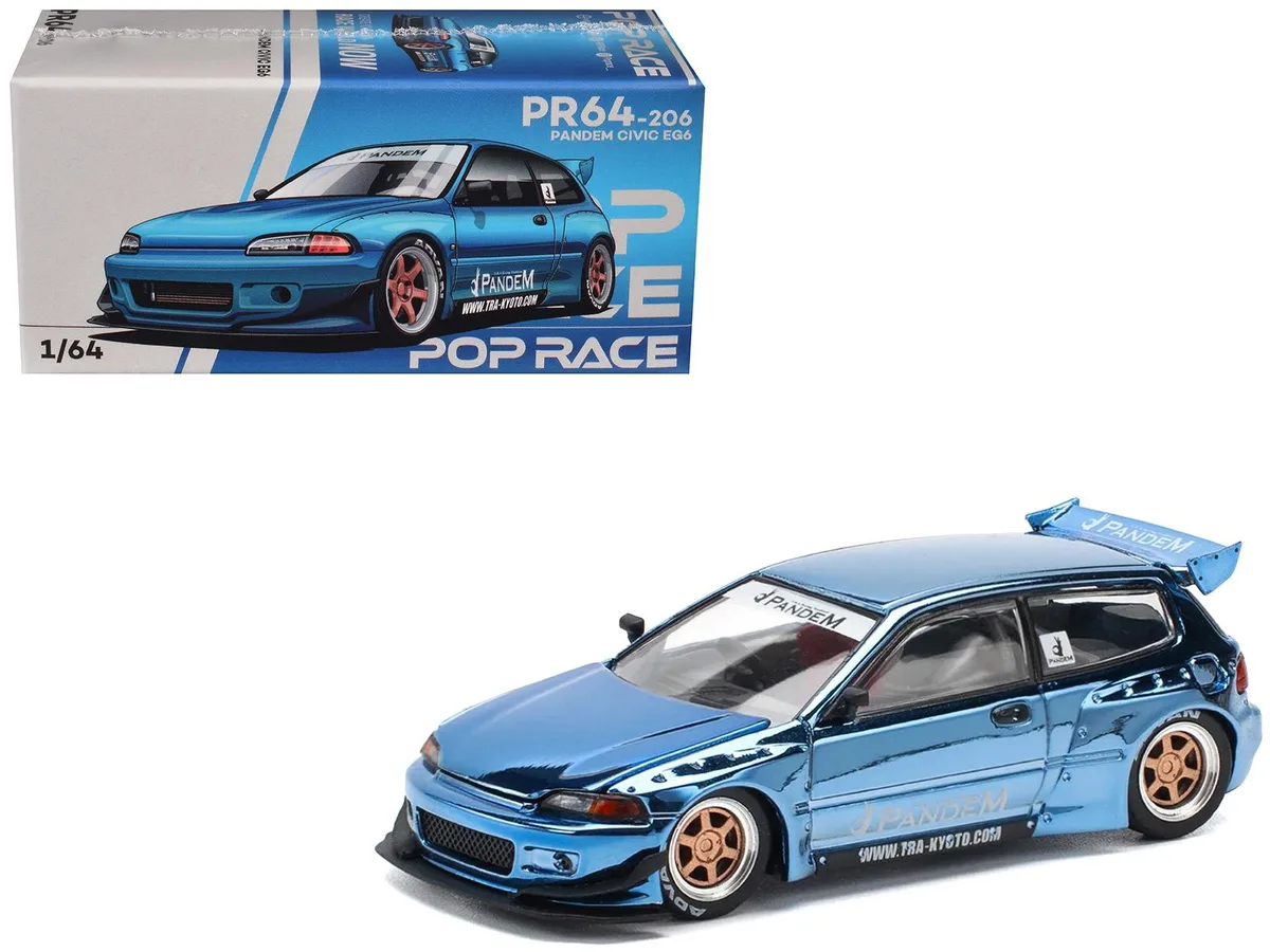 Pop Race Pop Race Pandem Civic EG6 RHD Blue Chrome 1/64 Die Cast Model Car — product photo