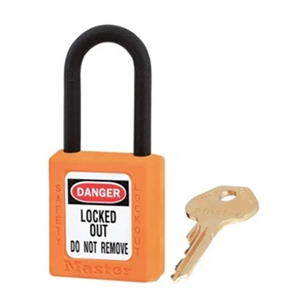 Orange thermoplastic lockout padlock with plastic shackle, keyed alike, three pack