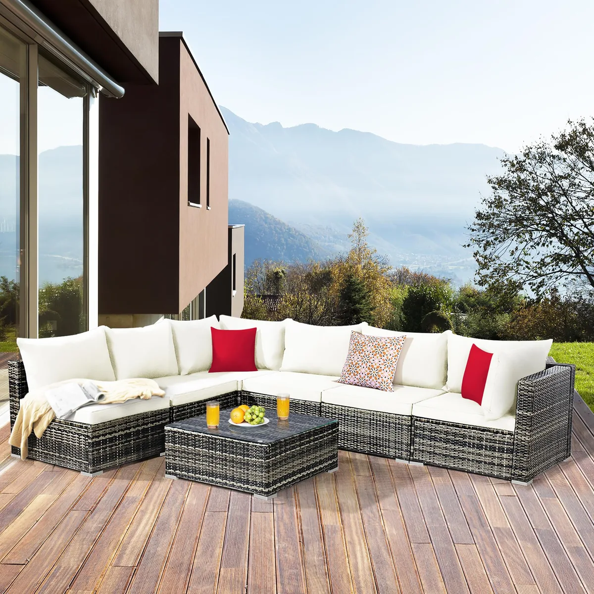 Costway Costway 7-piece patio rattan furniture set white cushions — product photo