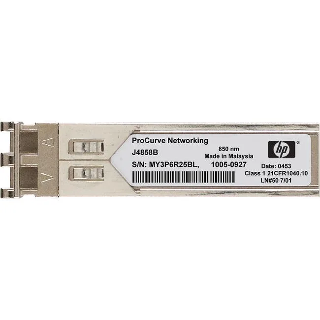 Small rectangular HPE SFP transceiver module with LC connector, silver metal casing and black plastic latch